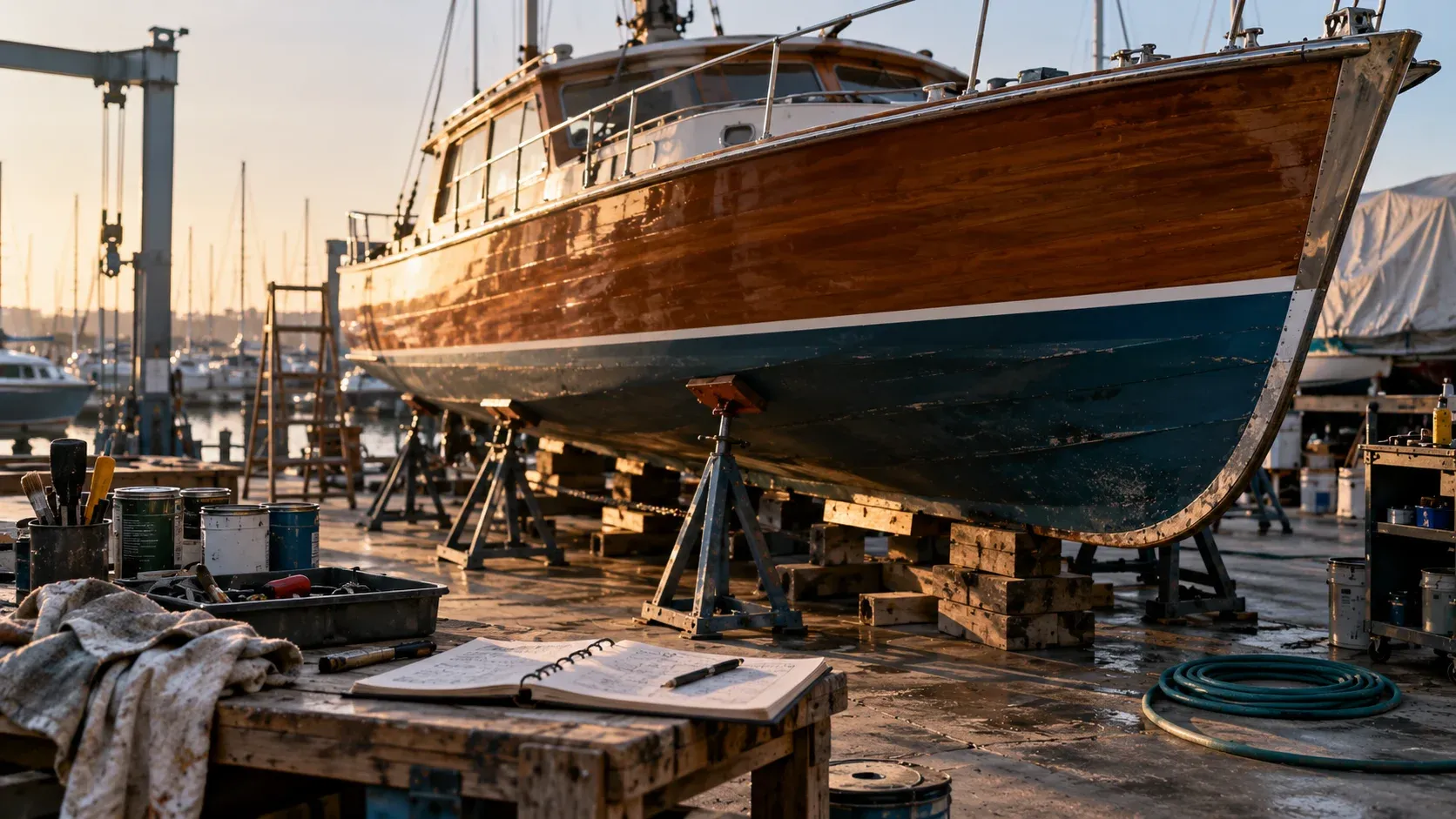 A weathered wooden boat on stands in a boatyard at sunrise, with paint tins, tools, a maintenance notebook, and a coiled hose on the ground around it.