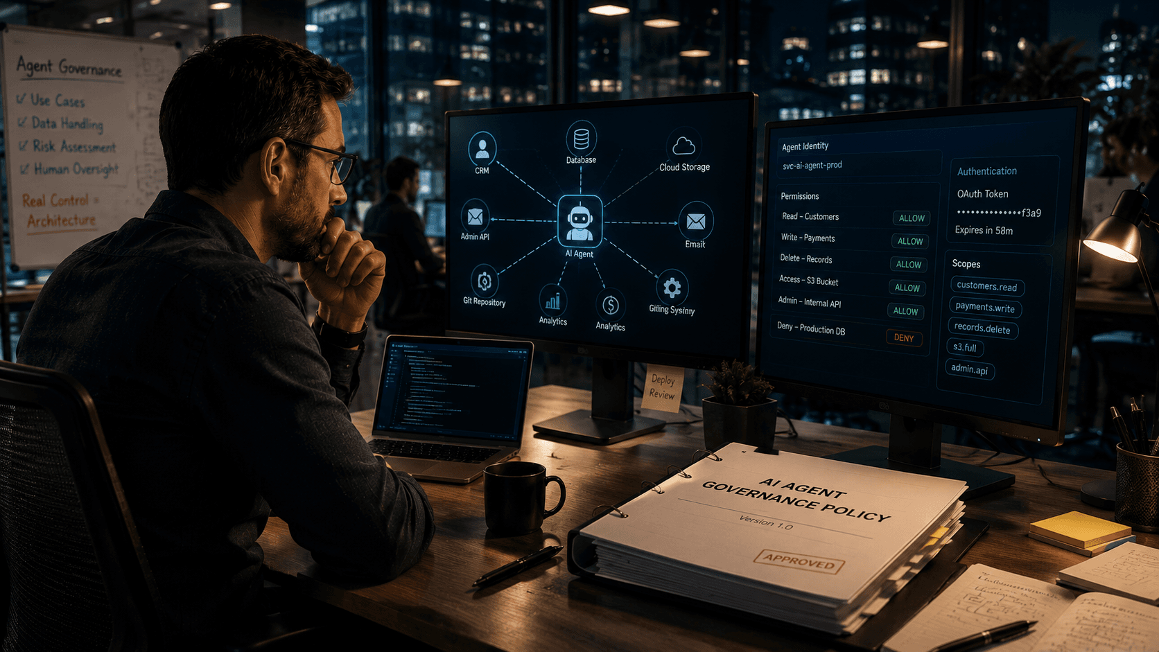 An engineer reviewing an AI agent's live identity panel, its OAuth token, permissions, and scopes, beside an approved but non-enforcing AI Agent Governance Policy binder, under a whiteboard reading Real Control equals Architecture.