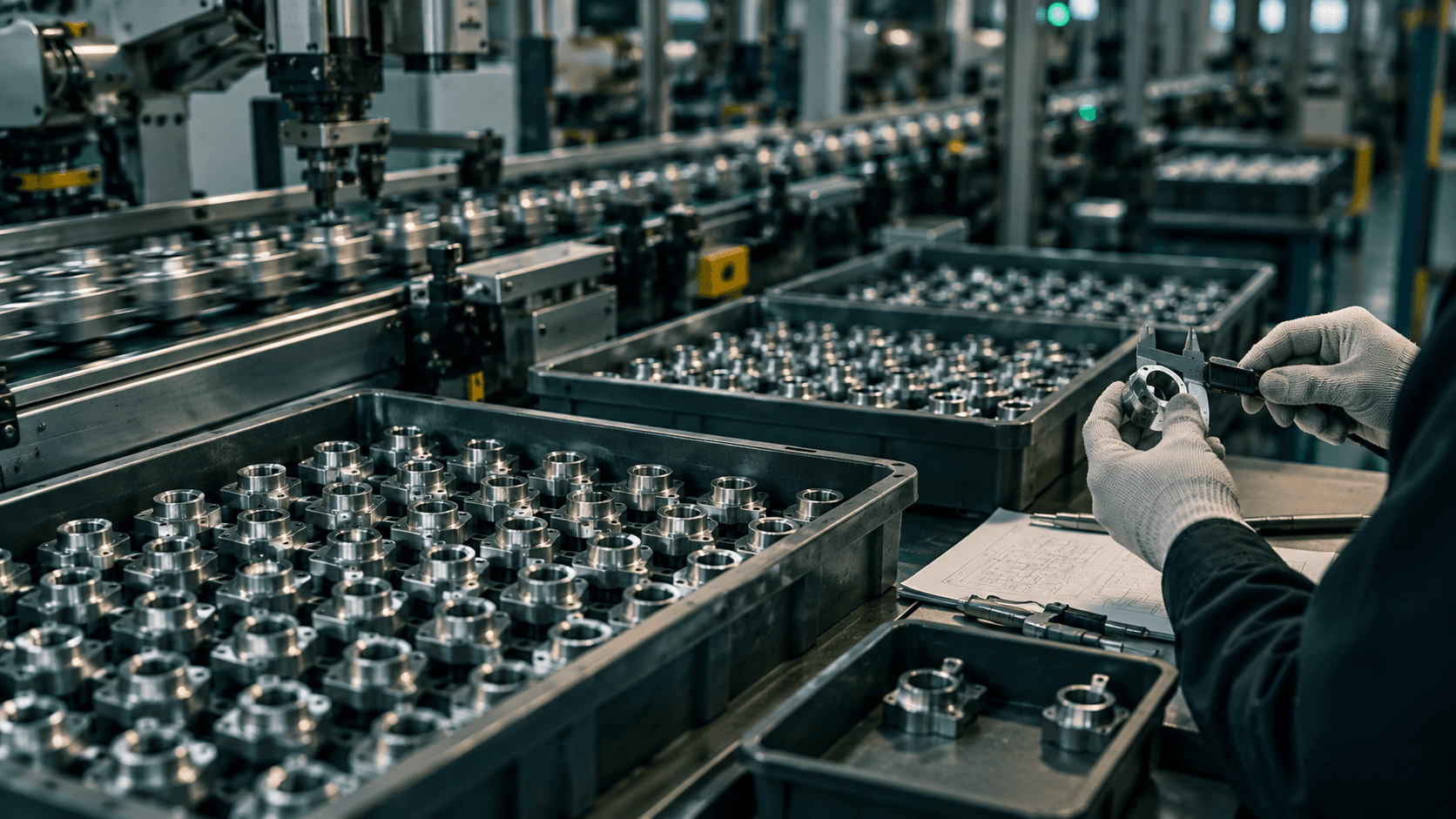 Trays of identical machined metal parts on a factory line, with one gloved pair of hands measuring a single part against a printed spec sheet and a small tray of rejected pieces alongside.