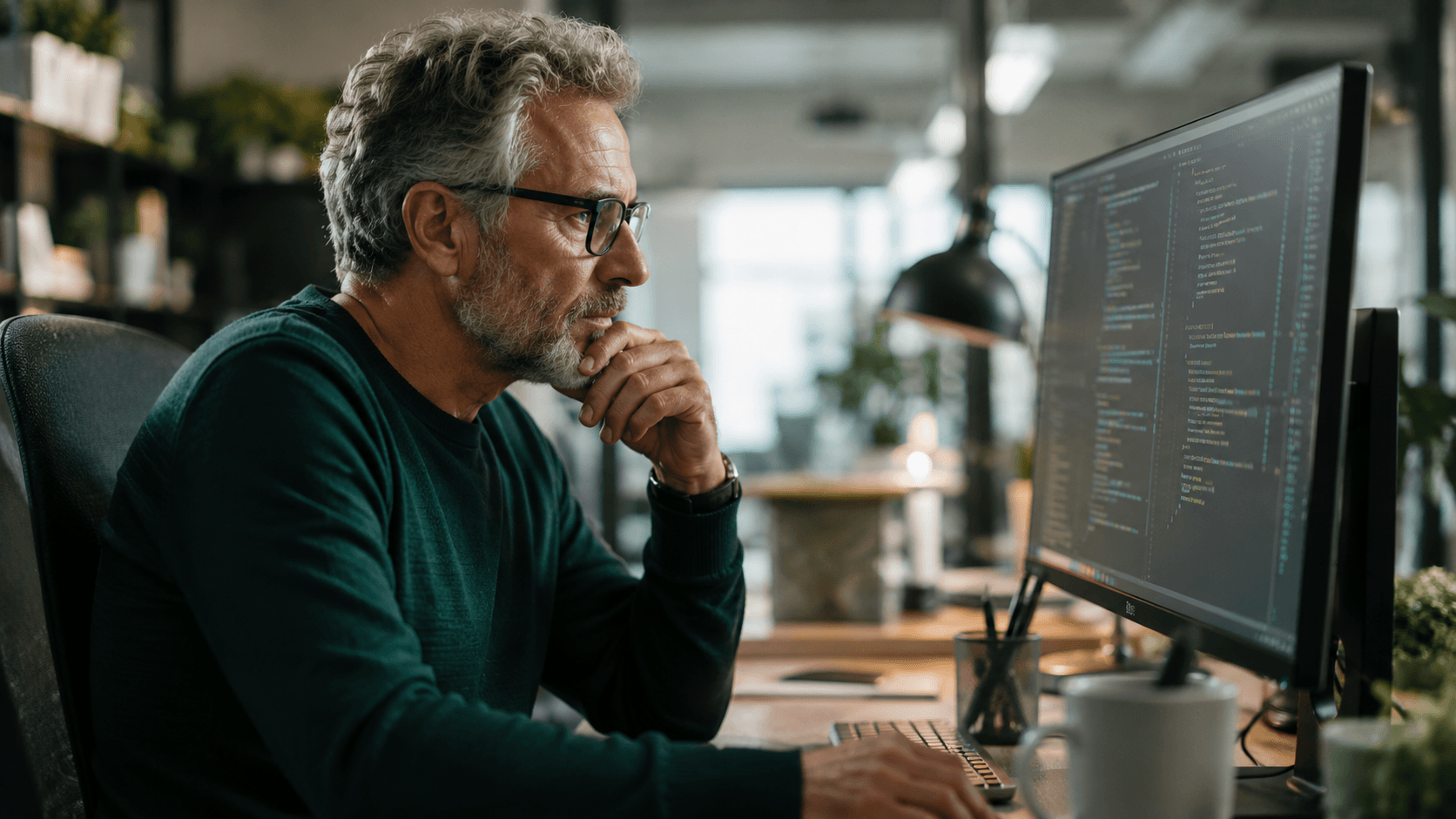 A senior software engineer sits back from a large monitor of code, hand on chin, reviewing a change with a thoughtful, skeptical expression.