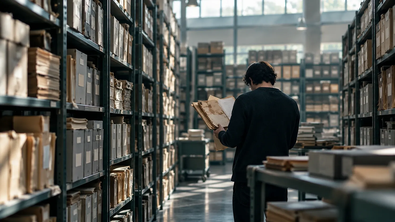 A person stands with their back to the camera in a large document archive, holding open a water stained and disordered paper file, surrounded by tall shelves of archive boxes and folders lit by high daylight windows.