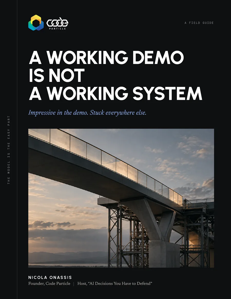 Cover of the field guide, A Working Demo Is Not a Working System, by Nicola Onassis of Code Particle